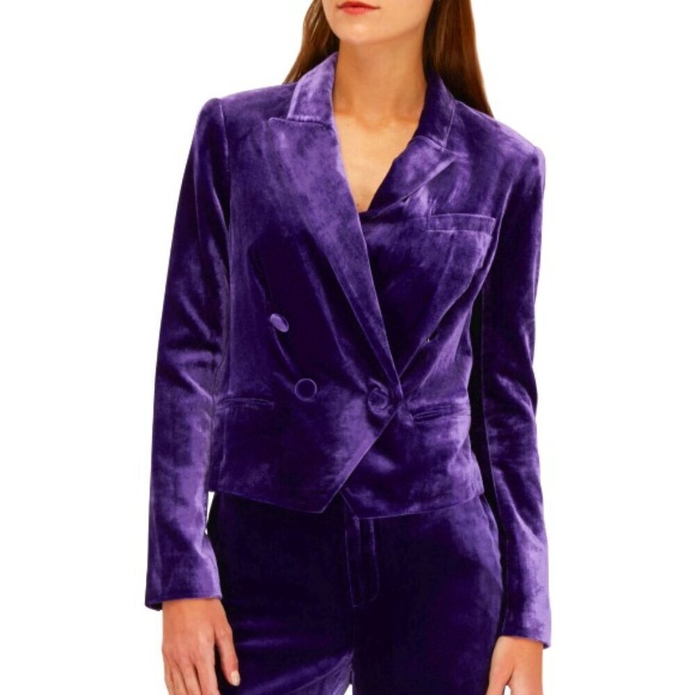 L'AGENCE 'Rory' Cropped Double-Breasted Velvet Blazer, Deep Violet - Picture 1 of 4